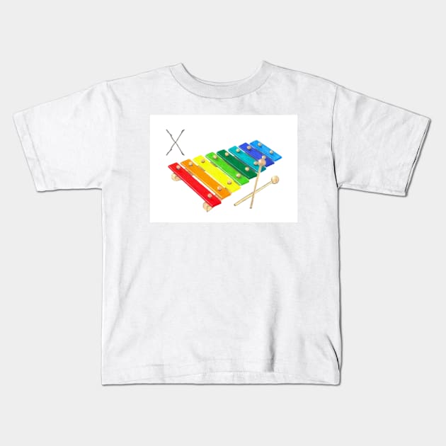 X for xylophone alphabet illustration, pencil illustration from my alphabet series Kids T-Shirt by DamiansART